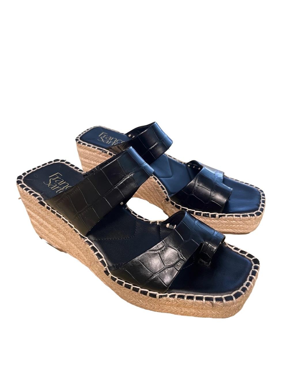 Franco Sarto Clave Sz 8 Black Embossed Croc Leather Espadrille Wedge Sandals EUC
